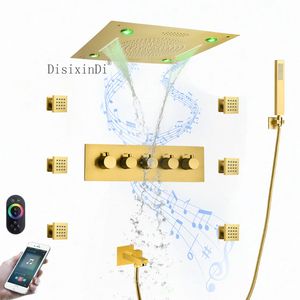 Luxo ouro teto embutido chuveiro conjunto 304 aço inoxidável 16 Polegada chuva e cachoeira led cabeça de chuveiro termostática com alto-falante música