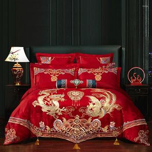 Bedding Sets Luxury Chinese Wedding 4/6/9pcs Conjunto de cetim jacquard algodão ouro longo phoenix bordado bordado capa de capa de capa de capa de lençol