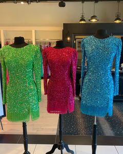 Fringe Pulins Homecoming Elbise 2022 Kılıf Mürettebat Boyun Uzun Kollu Yardım Pageant Elbaşı Resmi Etkinlik Nye Kokteyl Partisi Giyim Fermuarı Kısa Hoco Mahkemesi Yeşil Blue Pink