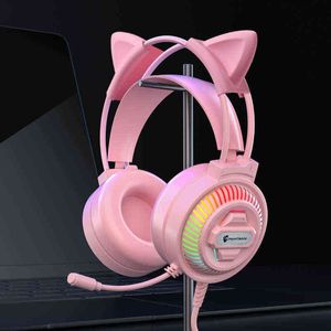 Грамовая гарнитура для гарнитур с микрофонами кошачьи уши розовые белые 3,5 USB -проводные стереоизированные