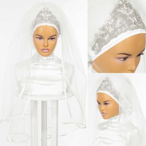Мусульманские свадебные свадебные вуали 2023 Стенки Кристаллы Свадебные хиджаб, покрывающие длина локтя Исламский тюрбан для невест 2-слойный головной платок