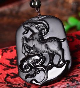Подвесные ожерелья красивая ручная натуральная черная обсидианская китайская овца Lotus Lucky Amulet Ожежее