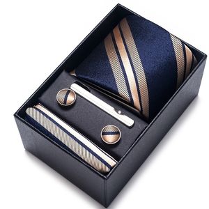 Lenço de gravata de seda 100% conjunto de abotoaduras para homens Caixa de férias Caixa de férias Caixa de presente azul Acessórios de terno de ouro Slim Wedding Gravatas 220922