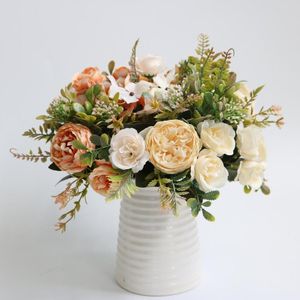 Декоративные цветы белый шелк искусственные розы свадьба осень осень украшения высококачественный большой букет роскошный фальшивый цветочный композиция