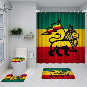 Занавески для душа раста флаг, нарисованный на деревянной ванной комнате, установил льв из Иуда стена Арт Водонепроницаемый туалетный чехол, не скользкий коврик 220922