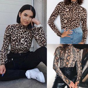 Kadınlar iki parçalı pantolon kadınlar için kadın leopar bodysuit seksi bodycon sıska vücut takım elbise baltleneck uzun kollu oyun baskılı romper