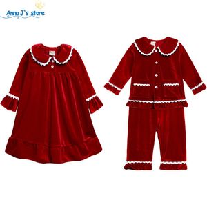 Pijamalar Kış Essential Christmas Setleri Sweetwear Çocuklar Kızlar Kırmızı Kadife Dantel Uzun Sleevepants Çocuk Giyim Bebek Erkekler Takım 220922