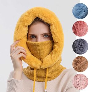 Women's Winter Fluffy Fur Cap Mask Set, Knitted Cashmere Neck Warm Ballava Bicycle Hat, Thick Plush Ski Windproof Y2209