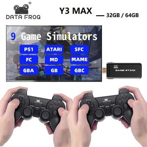 Игровые контроллеры Joysticks Data лягушка Y3 Max 4K HD Выходные ретро -игровые консоли 32 ГБ/64 ГБ 2,4 г двойные беспроводные контроллеры PS1/FC/GBA TV Dendy Game Console T220916