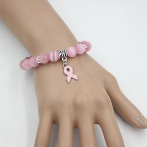 Braccialetti con ciondoli Confezione da 10 pezzi Gioielli per la consapevolezza del cancro al seno Bracciale con perline opale rosa bianco Braccialetti con nastro Braccialetti