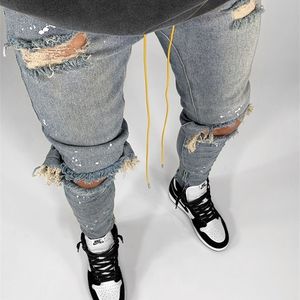 Jeans masculinos rasgados homens magros fit smalt sumum joelho quebrado buracos hip hop peicils calças streetwear angustiado zíperes pintados Desinger 220923