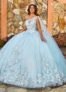 Açık gökyüzü mavi quinceanera elbise bir omuz dantel çiçek aplike tatlı 16 balo elbise parti giymek yarışmacı gece önlükleri