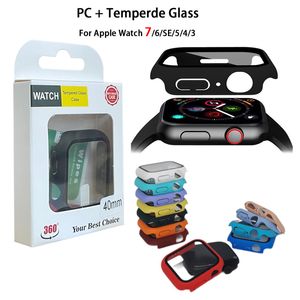 360 Tam Kapak PC Kılıfları Düğmeli Temperli Cam Film Ekran Koruyucusu Apple Watch Kılıfları 8 7 6 5 4 3 2 1 SE 49mm 45mm 44mm 42mm 41mm 40mm 38mm Perakende Paketi ile