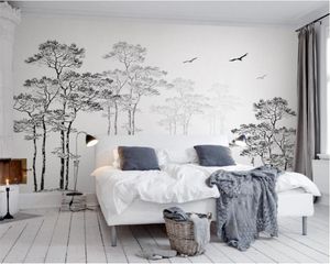 Обои на заказ обои дома декоративная роспись черный белый эскиз абстрактный дерево летает птица ТВ фоновые стены 3D обои beibehang 220927