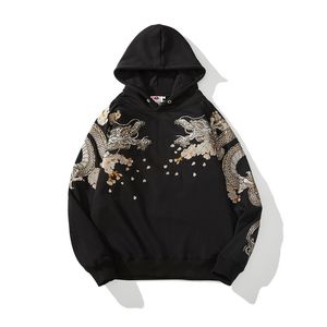 Streetwear Hoodie Hip Hop Sweatshirt Sokak Giyim İşlemeli Ejderha Kapşonlu 2022 Erkek Harajuku Pamuk Külot Siyah