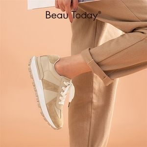 Dress Shoes BeauToday Casual Sneakers Women Suede Leather Patchwork Mixed Colors Lace-Up Round Toe Platform Lady Flats Handmade 29130 220926