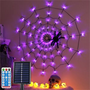 Güneş enerjili Cadılar Bayramı 60 LED String Lights Mor Örümcek Web 3.28ft Çap 8 Modlar Su Geçirmez Cobbweb Net Işık Kapalı Ourdoor Bahçe Pencere Yard Ev Veranda