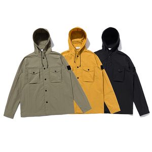 Marka erkek ceketler dik yaka düğmeli çift boyutlu cepler işlemeli kol bantları ile kapüşonlu Ada ceket