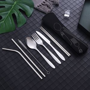 Stainless Steel Knifes Fork Spoon Set Family Travel Camping Cutlery Tableware Eyeful Seven-piece Dinnerware Set with Case