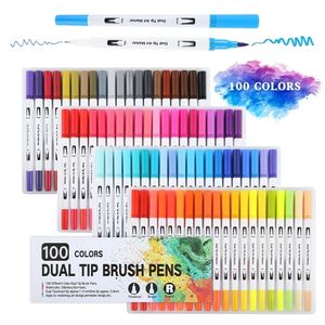 Markers 12 48 72 100 Colors FineLiner Art Marker Pens Dual Tip Manga Drawing Painting Watercolor Brush Pen School Supplies 04350 220929