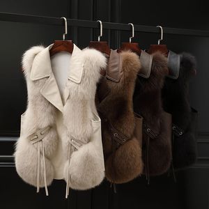 Kadınlar artı Beden Kış Paltolar PU Deri Dikiş İmitasyon Fox Fur Peluş Peluş Sıradan Moda Leisure Street Show çok renkli kolsuz yelek ceket S-3XL