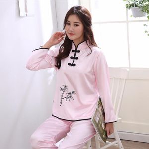 Домашняя одежда сексуальные розовые дамы атласная снаряда пижамы, набор китайских женщин 2pcs пижамский костюм винтаж мандарин.
