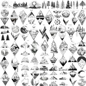 52-Sheet Black Temporary Tattoos for Men & Women - Small Geometric, Mountain, Sea, Forest, Pine Tree Designs