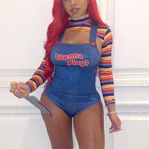 Macacões femininos macacão play filme personagem bodysuit chucky boneca traje conjunto trajes de halloween para assustador pesadelo assassino 220929