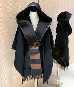 Designer Womens Cape Autumn and winter woolen cloak coat belt waist slim hooded jacket windbreaker print coats fashion style women loose