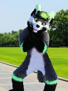 Husky Köpek Tilki Maskot Kostüm Fursuit Cadılar Bayramı Fantezi Giydirme Takım Elbise Yeşil ve Koyu Kürklü Kıyafet Uzun Kürk