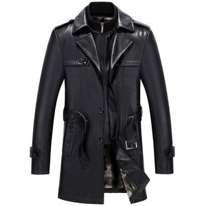 Бесплатная доставка Черная овчарка мягкая матовая мужчина умная повседневная кожаная траншея с длинным стилем густое теплое пальто над пальто в продаже 220819