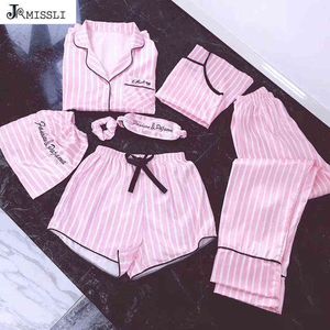 Jrmissli Women 7 штук розовый памас Сета Satin Silk Sexy Sexy Lingerie Home Wear Sepwear Pajamas Set Pijama женщина 22H0822