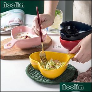 Bowls Nordic Ceramic Heart-Shaped Breakfast Milk Salad Bowl With Handle Porcelain Snack Fruit Soup Dish Baking Kitchen Tablewar Mjbag Dhcjj