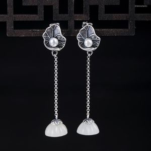 Dangle Küpeler Avize Kadınlar Lotus Seedpod Yaprak İnci Yeşim Takı Çin Stili 925 Sterlling Gümüş Uzun Asma Toptan