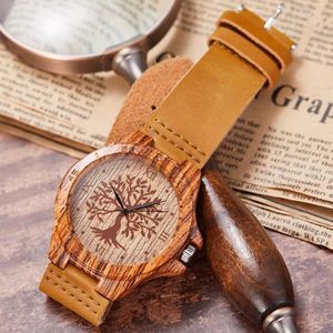 Armbanduhren Echtes Lederband Nachahmung Bambusholz Uhr Quarz-Armbanduhren Baum des Lebens Muster Retro-Stil Lässige Herren-Armbanduhr