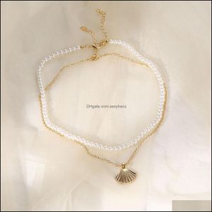 Anhänger Halsketten Doppelschicht Perle Shell Choker Halskette für Frauen Böhmen Sommer Urlaub Strand Jakobsmuschel Ozean Mädchen Schmuck Drop D Dh0FP