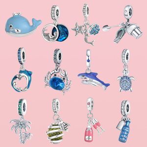 925 Gümüş Boncuk Fit Takılar Pandora Charm Bilezik Plajı Serisi Hayvan Takma Dolphin Deniz Kaplumbağası Yengeç Çekerleri Ciondoli DIY İnce Boncuk Takıları