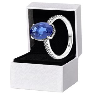 NEUER funkelnder Statement-Halo-Ring für Damen, 925er Sterlingsilber, blauer Edelstein, Hochzeit, Designer-Schmuck für Pandora, CZ-Diamant-Ring-Set mit Originalverpackung