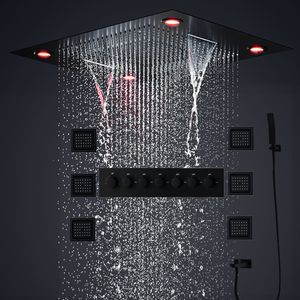 Banyo 24 inç Termostatik Yağmur Duş Seti Büyük LED Duş Başlığı Yağış Şelale Masajı Puslu Banyo Siyah Musluk Sistemi, 4 İnç Vücut Jetleri