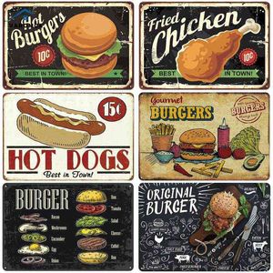 Metal Boyama Metal Plak Sıcak Burger Kızarmış Tavuk Tabak İşareti Metal Posterler Vintage Mutfak Restoran Dükkanı Teneke İşaret Duvar Plaques Dekor T220829