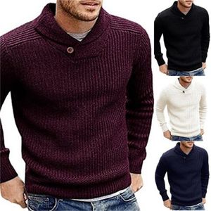 Suéteres masculinos Borgonha Winter Warm Sweater Pullover de lapela retro malha casual para projetos de moda Solid Color Autunm Outerwear 220830