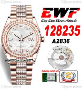 EWF GÜN TARİH 128235 A2836 Otomatik Unisex Watch Mens Ladies 36 Gül Altın Mop Dial Dial Diamonds Kılıf ve Başkanlık Bilezik Aynı Seri Kart Süper Baskı Puretime A1