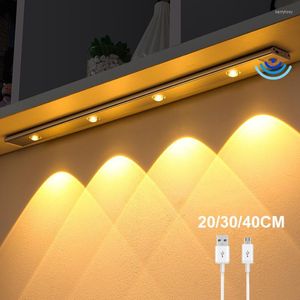 Luci notturne Luce a LED Ultra sottile sotto l'armadio Sensore di movimento PIR Wireless USB per l'illuminazione dell'armadio da cucina Lampada magnetica