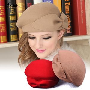 Berets Ladies Hat for Women Vintage 100 Wool Felt Forbox Hats Black Fearsator Winter Fedoras Bow Beret Church 221130