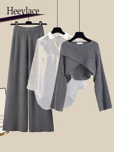 Kadınlar İki Parçalı Pantolon Sonbahar Kış 3 Set Set Set Ofis Bayanlar Zarif Düzensiz Örme Kazak Gömlek Geniş Bacak Seti Kadın Giyim 221130