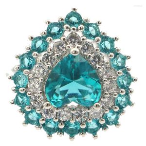 Küme Yüzükleri 19x19mm Çarpıcı 4.2g Mavi Aquamarine Londra Topaz Beyaz Cz Kadın Düğün Gümüş Yüzük