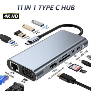 USB C Hub Dock Station с HDMI-совместимым 4K VGA RJ45 Thunderbolt 3 Адаптер Хаб 3.0 TF SD Reader PD AUX для ПК