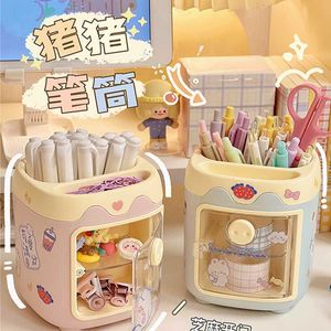 PC Kawaii Pig Pen Pencil Pot Holder Brush Storage Container Desk Organizer Multifunction washi tape Stationery Office Supplies