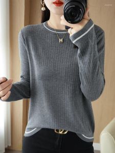 Camisolas femininas Autumn Winter Wool Blend Sweater Woman Color Contrast O-pescoço O-Pullover de malha casual Tops Tops