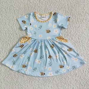 Kız Elbiseler Çocuklar Yaz Arı Çiçek Cep Twirl Elbise Kısa Kollu Bebek Giyim Toptan Açık Mavi Moda Çocuklar Toddler Giyim